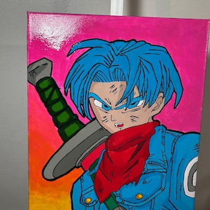May include: A hand-painted canvas featuring a character with blue hair, a red scarf, and a blue jacket. The artwork has a vibrant pink and orange background, and the character is holding a sword.