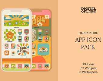 Retro 70s App Icon Pack: Boho Flower Theme (Instant Download)