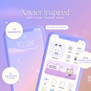 Puede incluir: Dos smartphones con un tema lavanda, que muestran un paquete de iconos de aplicaciones digitales. La pantalla muestra un lindo gato, iconos de aplicaciones y el texto "Xavier Inspired". Incluye 12 widgets, 5 estilos de fondo de pantalla y 109 iconos únicos.