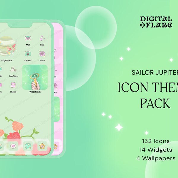 Jupiter iOS Android Icon App Theme Pack | Wallpaper Widgets Icons | Grün rosa Pastell niedlich Kawaii Ästhetik | Sofort Download