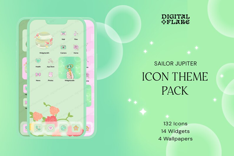 Jupiter iOS Android Icon App Theme Pack Wallpaper Widgets Icons Grün rosa Pastell niedlich Kawaii Ästhetik Sofort Download Bild 1