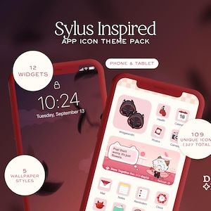 Peut inclure: Un smartphone rouge affiche un pack de thèmes d'icônes d'applications avec 12 widgets, 5 styles de fond d'écran et 109 icônes uniques. L'écran affiche un écran de verrouillage avec l'heure 10h24 et la date. Le texte "Sylus Inspired" est en haut.