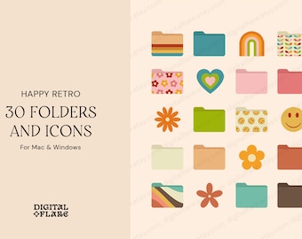 30 Happy Retro Desktop Ordner und Icons für Mac & Windows | Retro Blumenherz Ästhetische | Sofortiger Download