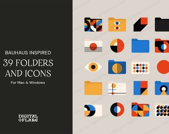 39 Bauhaus Inspired Desktop Folders and Icons for Mac & Windows | Primary Geometric Abstract Aesthetic | Instant Download