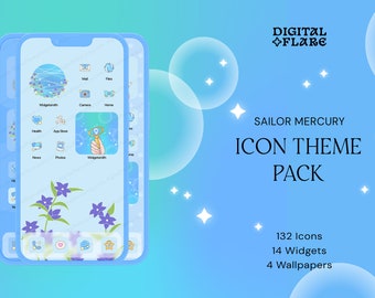 Die Merkur iOS Android Icon App Theme Pack | Wallpaper Widgets Icons | Blaues Wasser Pastell niedlich Kawaii Ästhetik | Sofort Download