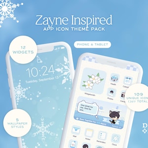 May include: A digital product image featuring two smartphones with a winter-themed app icon pack. The pack includes 12 widgets, 5 wallpaper styles, and 109 unique icons. The background is light blue with snowflake designs. The text reads "Zayne Inspired APP ICON THEME PACK."