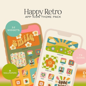 Paquete de iconos de la aplicación Happy Retro 70s: Tema de flores bohemias (descarga instantánea)