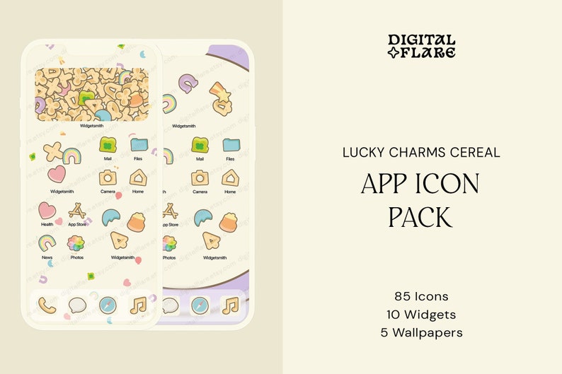85 Lucky Charms Cereal iOS Android Icon App Theme Pack Wallpaper Widgets Icons Cute Milk Pastel Marshmallow Aesthetic Instant Download image 1