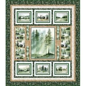 May include: A green and brown quilt with a patchwork design featuring a watercolor painting of a forest scene. The quilt is framed with a green border with a floral pattern.