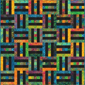 May include: A colourful quilt with a woven basket design. The quilt features a repeating pattern of black rectangles and vibrant, patterned squares in shades of blue, green, yellow, orange, and red. The quilt is bordered with a solid blue fabric.