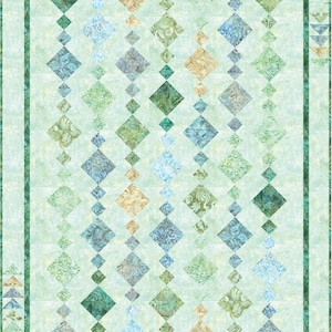 May include: A quilt with a repeating diamond pattern in shades of green, blue, and beige. The diamonds are linked by smaller diamond shapes, forming vertical chains. The quilt has a pale green backdrop and a darker green border, with a geometric design.