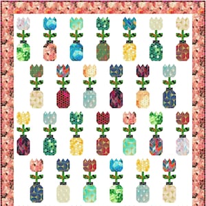 May include: A colourful quilt featuring a repeating pattern of stylised tulips in vases. Each tulip has a different patterned design, with a variety of colours including blue, green, red, and yellow. The quilt has a pink and white border.