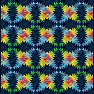 Pode incluir: Um edredom colorido com um padrão de abacaxi repetido. O edredom apresenta um fundo azul escuro com formas de abacaxi vibrantes em tons de amarelo, laranja, verde e azul. O edredom é feito de pedaços de tecido costurados.