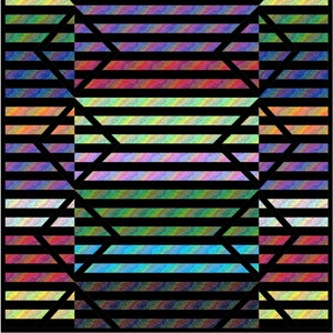 May include: A quilt featuring a geometric pattern of horizontal black stripes alternating with bands of iridescent, multi-colored fabric. The design incorporates diagonal black lines that intersect to form diamond and hexagonal shapes across the surface.