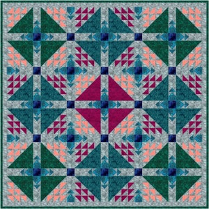 May include: A quilt block pattern with a repeating design of teal, green, pink, and burgundy triangles on a gray background.