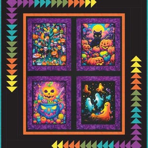 Bright Frights 42インチ x 55インチ キルトキット。アリガ・ウィルソンによるデザインで、ロバート・カウフマンのBright FrightsファブリックとKonaファブリックを使用。