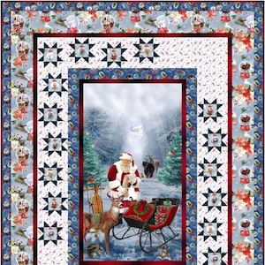 May include: A Christmas-themed quilt featuring a central image of Santa Claus with a reindeer and sleigh in a snowy forest. The quilt has a blue border with snow globes and poinsettias, and a white center with star-shaped patterns.