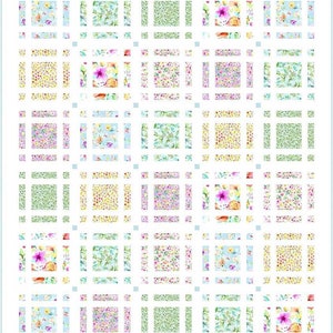 ウェンディ・シェパードがデザインした、タイムレス・トレジャーズの「スプリングソング」生地を使用した、70.5インチ×83.5インチの織りかごキルトキット