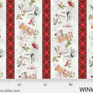May include: White fabric with a repeating pattern of red plaid stripes, ice skates, sleds, birds, and cardinals. The fabric has a white background with a subtle gray texture. The pattern is repeated vertically. The fabric is labeled "WINW 4148 MU".