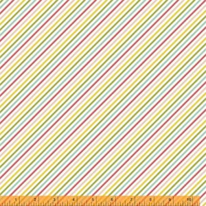 May include: A fabric with a repeating pattern of diagonal stripes in various colors, including red, green, yellow, and blue, on a white background. The stripes are evenly spaced and create a visually appealing design. A ruler is at the bottom.