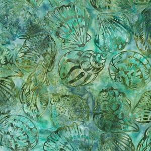 May include: A fabric pattern featuring a repeating design of seashells in shades of teal, turquoise, and olive green. The shells vary in shape and size, creating a textured and aquatic aesthetic. The background has a mottled appearance.