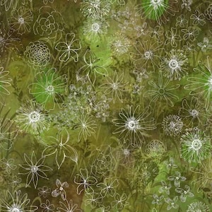 May include: A digitally created floral pattern with white line drawings of diverse flowers and foliage on a textured green and brown background. The design has a watercolour effect, creating a soft, artistic appearance.