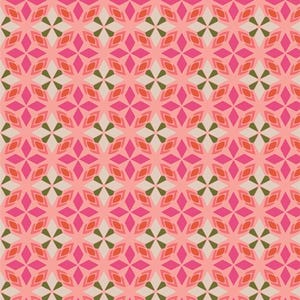 May include: A repeating floral pattern in shades of pink, fuchsia, orange, and olive green. The design is set against a light beige background, creating a symmetrical and visually appealing pattern.