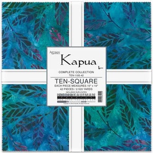 May include: A fabric square set featuring a teal and blue leaf pattern. The set includes 42 pieces, each measuring 10 x 10 inches. The label reads "Kapua" and "TEN-SQUARE".