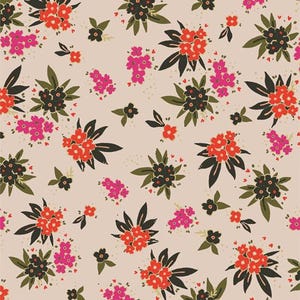 May include: A floral pattern with red, black, and pink flower clusters and green leaves on a beige background. The design is a repeating pattern of stylized blooms and foliage, creating a vibrant textile design.
