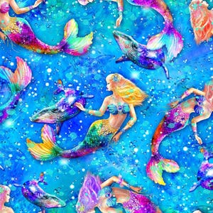 May include: A vibrant, repeating pattern featuring mermaids and whales on a blue background. The mermaids have colorful tails and flowing hair, with sparkling details. Whales are also depicted in the same colorful style, creating a whimsical underwater scene.