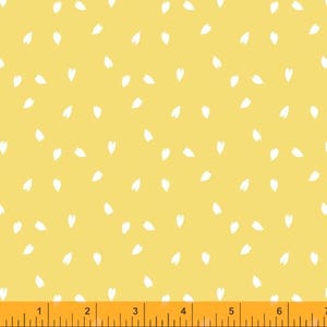 May include: A seamless pattern featuring white flower petals scattered on a yellow background.