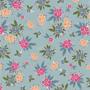 May include: A floral pattern featuring clusters of pink, peach, and blue-grey flowers on a pale blue backdrop. The design includes green leaves and small white dots, creating a repeating, decorative motif.