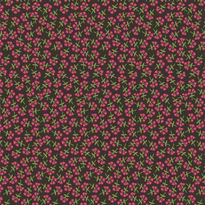 May include: A repeating pattern featuring small, pink floral clusters with green stems and leaves on a dark brown backdrop. The design is closely arranged, forming a textured, all-over floral print, ideal for fabric or wallpaper.