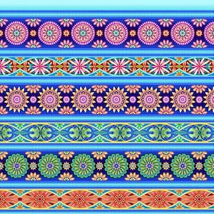 May include: A colorful, repeating pattern of geometric shapes and floral designs. The pattern is made up of six horizontal bands, each with a different design. The colors in the pattern include blue, green, red, yellow, orange, and pink.