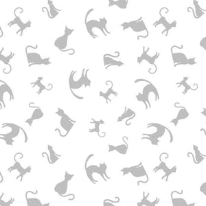 May include: A white background with a repeating pattern of gray cat silhouettes in various poses. The cats are depicted in different positions, including standing, sitting, and leaping, creating a playful and whimsical design.