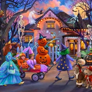 May include: A group of children dressed in Halloween costumes trick-or-treating at a house decorated with pumpkins, lights, and spooky decorations. The children are dressed as a princess, a witch, a pirate, and a skeleton. The house is lit up with orange and yellow lights, and there are pumpkins and other Halloween decorations on the porch.