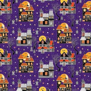 Glow-O-Ween Purple Haunted Houses 12958GB-66 Glow in the Dark Fabrics Designed by Kanvas Studio for Benartex
