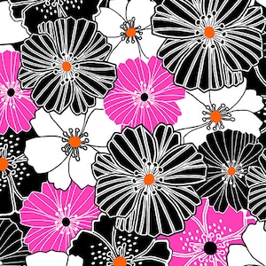 以下が含まれることがあります： 黒、白、鮮やかなピンクの花が特徴のシームレスなフローラルパターン。 花の中心はオレンジ色で、白黒の背景に配置されています。 デザインは大胆でグラフィックで、生地や壁紙に適しています。