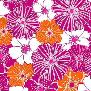 以下が含まれることがあります： 白い背景に、白い輪郭のあるピンクとオレンジの花が描かれたシームレスなパターンです。