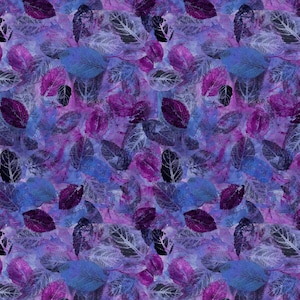 May include: A repeating pattern of leaves in a palette of purple, blue, and white. The leaves are layered, creating a textured effect. The background is a mix of colours, enhancing the overall design. The pattern is suitable for various applications.