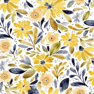 May include: A seamless pattern featuring yellow and orange watercolor flowers with blue and green leaves on a white background.