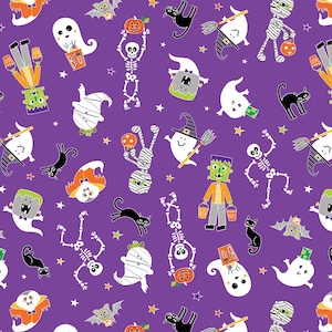 May include: A purple background with a repeating pattern of Halloween characters.  The characters include ghosts, skeletons, mummies, witches, bats, cats, and pumpkins.  The characters are all wearing costumes and holding Halloween treats.