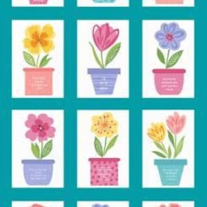 May include: A teal background with a grid of twelve rectangular panels, each featuring a colorful flower in a decorative pot. The flowers vary in color and style, with pink, yellow, and purple blooms. The pots are also diverse, with different patterns and colors.