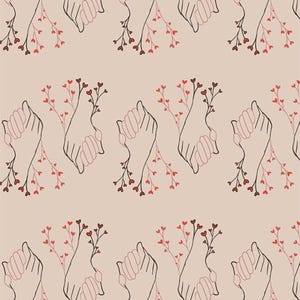 May include: A repeating pattern of hands holding each other, with red heart-shaped flowers and branches. The hands are outlined in black, with a soft pink fill, set against a neutral beige background. The design evokes themes of love and connection.