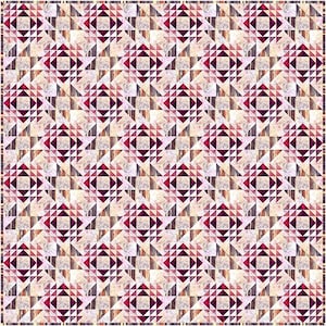 Könnte beinhalten: Ein geometrisches Muster mit sich wiederholenden Diamanten und Dreiecken in Burgunderrot, Creme und Braun. Das Design hat ein quiltartiges Aussehen mit einer strukturierten, Vintage-Ästhetik. Das Muster ist symmetrisch und bedeckt die gesamte Oberfläche.