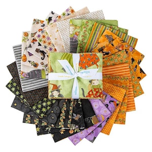 May include: A stack of square fabric swatches arranged in a circular fan pattern, tied with a white ribbon. The fabric features various Halloween-themed prints including pumpkins, stars, witches, cats, and owls in orange, green, black, and purple.