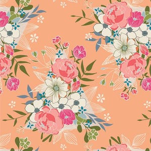 May include: A seamless floral pattern with pink peonies, white flowers, and green leaves on a peach backdrop. The design is enhanced with delicate white line art and small white flower accents scattered across the surface.