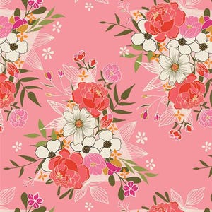 May include: A seamless floral pattern with a repeating design. The pattern features peonies and daisies in pink, red, and white, set against a light pink background. Green leaves and white line art accents are also included in the design.