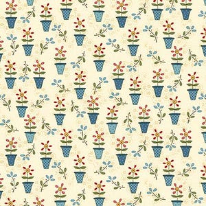 Puede incluir: Un patrón sin costuras que presenta un diseño repetitivo de flores estilizadas rojas y amarillas en macetas azules con tallos y hojas verdes sobre un fondo crema.