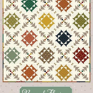 May include: A square quilt featuring a grid of sixteen blocks with a cream-colored background speckled with tiny dots. Each block displays a central star-like shape in various colors including green, orange, yellow, and red. Text reads: Pressed Flowers DESIGNED BY KIM DIEHL.